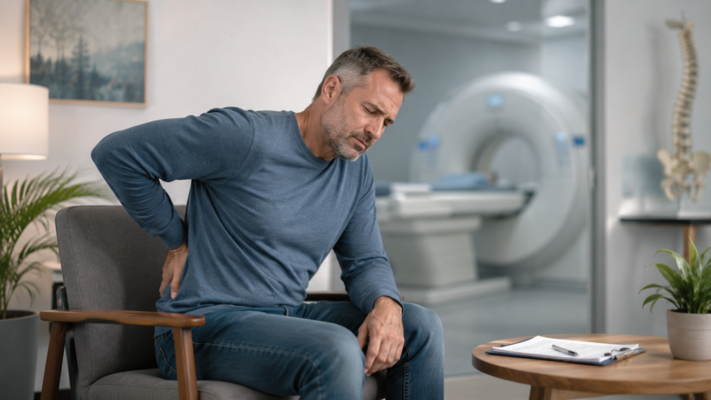 Patient experiencing worsening back pain while waiting for an MRI appointment in Burlington, Ontario