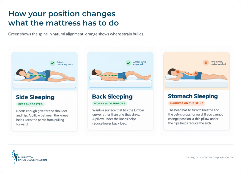 side, back and stomach sleeping positions with spine alignment highlighted.