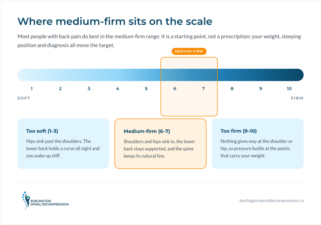 firmness scale showing medium-firm as the general recommendation for back pain.