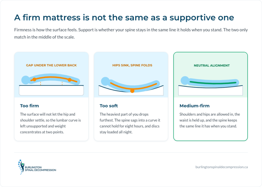 support-vs-firmness-spine.png. Alt: side view of the spine on too-firm, too-soft and medium-firm mattresses.