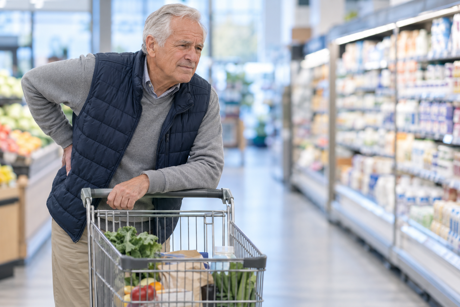Older man leaning on a grocery cart with back discomfort, illustrating walking difficulties associated with spinal stenosis discussed in MRI results.